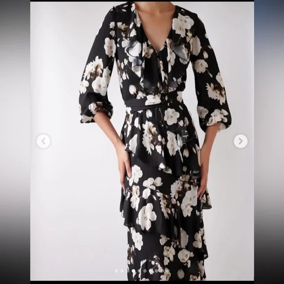 Alice & Olivia Kye Ruffle Floral Print Crepe Midi Dress - Picture 3 of 4